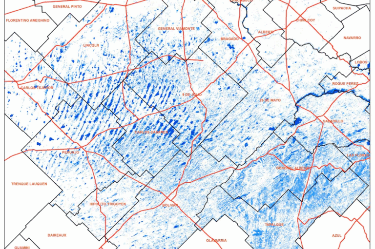 El mapa digital realizado por la CARBAP que expone las más de 700.000 hectáreas inundadas, por lo cual Malaisi pidió decretar la emergencia agropecuaria.