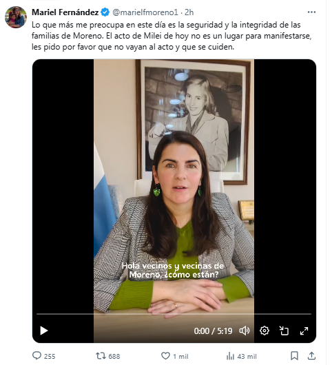 La intendenta de Moreno, Mariel Fernández, recomendó a los vecinos no asistir al acto de Javier Milei.