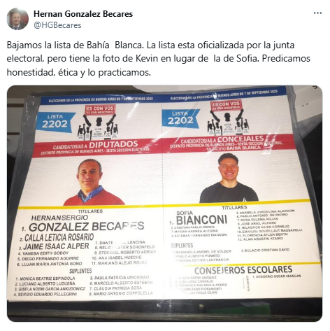 El candidato a diputado de Es Con Vos, Es Con Nosotros comunicó que no participarán de los comicios en Bahía Blanca.