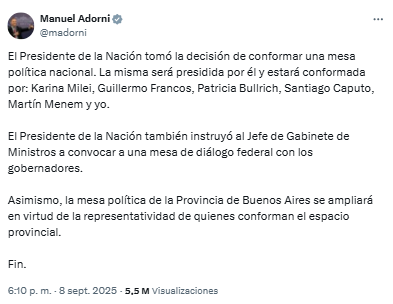 El presidente Javier Milei encabeza este martes en la Casa Rosada la primera reunión de la flamante mesa política nacional.