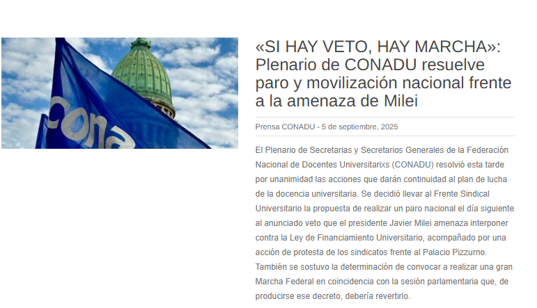 Docentes amenazan con un nuevo paro nacional, en caso de que presidente Javier Milei firme el veto a la nueva ley de financiamiento universitario.