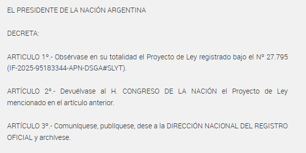 La publicación en el Boletín Oficial con el veto presidencial a la Ley de Financiamiento Universitario.