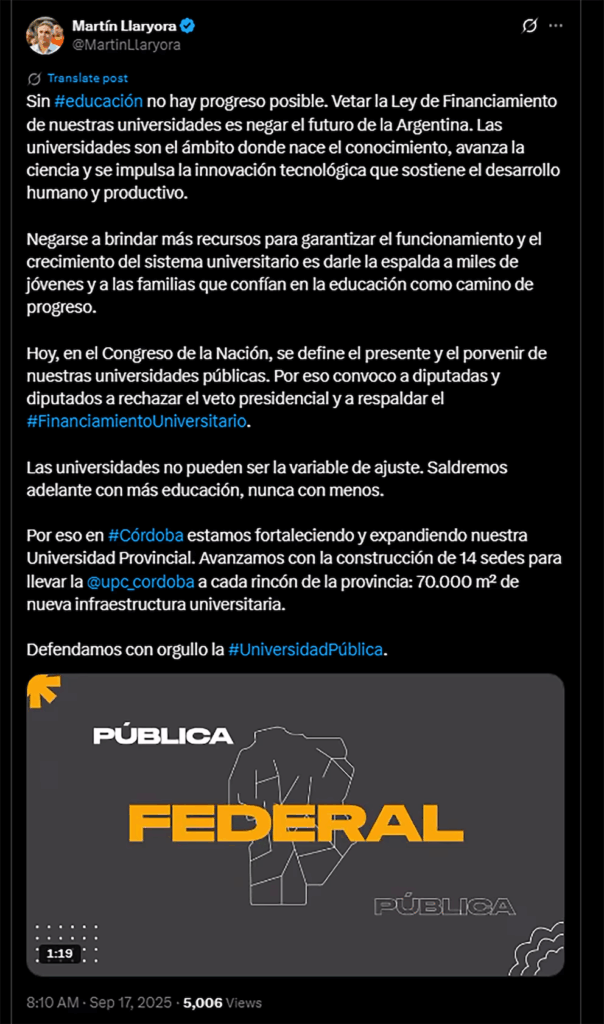 El gobernador Martín Llaryora pidió rechazar el veto a la ley de financiamiento universitario, en la previa a la sesión en Diputados.