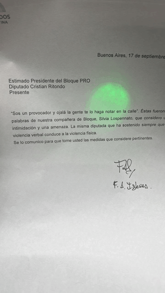 La nota que envío a Cristián Ritondo, el diputado Fernando Iglesias, tras la trifulca con Silvia Lospennato.