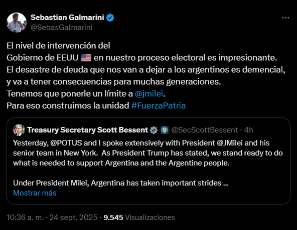 El dirigente del Frente Renovador, Sebastián Galmarini alertó por el nuevo préstamo de Estados Unidos a la gestión de Javier Milei.