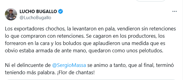 Luciano Bugallo cargó contra el Gobierno de Milei por el fin de las retenciones cero.
