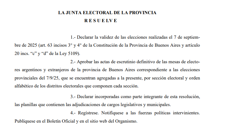 La resolución de la Junta Electoral bonaerense sobre el escrutinio definitivo de las elecciones 2025.