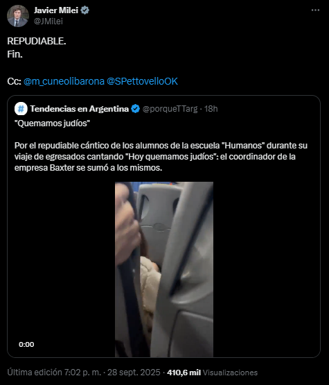 En línea con Malaisi, el presidente Javier Milei expresó su repudio por el video de los egresados de Canning con consignas antisemitas.