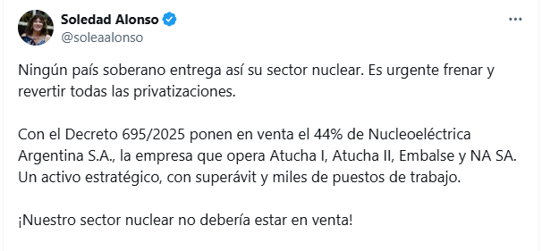A horas de la publicación del Decreto, Alonso disparó contra el Gobierno nacional por el avance de la privatización de Nucleoeléctrica Argentina.