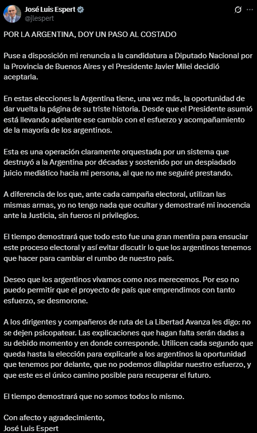El legislador de La Libertad Avanza, José Luis Espert, presentó su dimisión a la candidatura a diputado nacional por la provincia de Buenos Aires.

