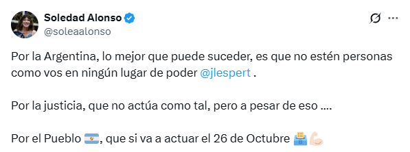 Soledad Alonso se sumó a los cuestionamientos al Gobierno nacional tras la baja de la candidatura de Espert y el pedido de LLA de reimprimir todas las boletas en la provincia de Buenos Aires.