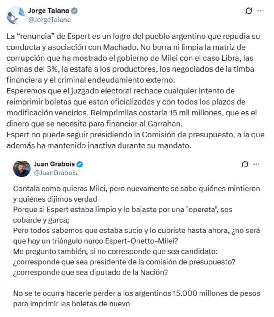 Los principales candidatos de Fuerza Patria también cruzaron al Gobierno nacional por la baja de Espert y el pedido de reimpresión de las boletas en la provincia de Buenos Aires.