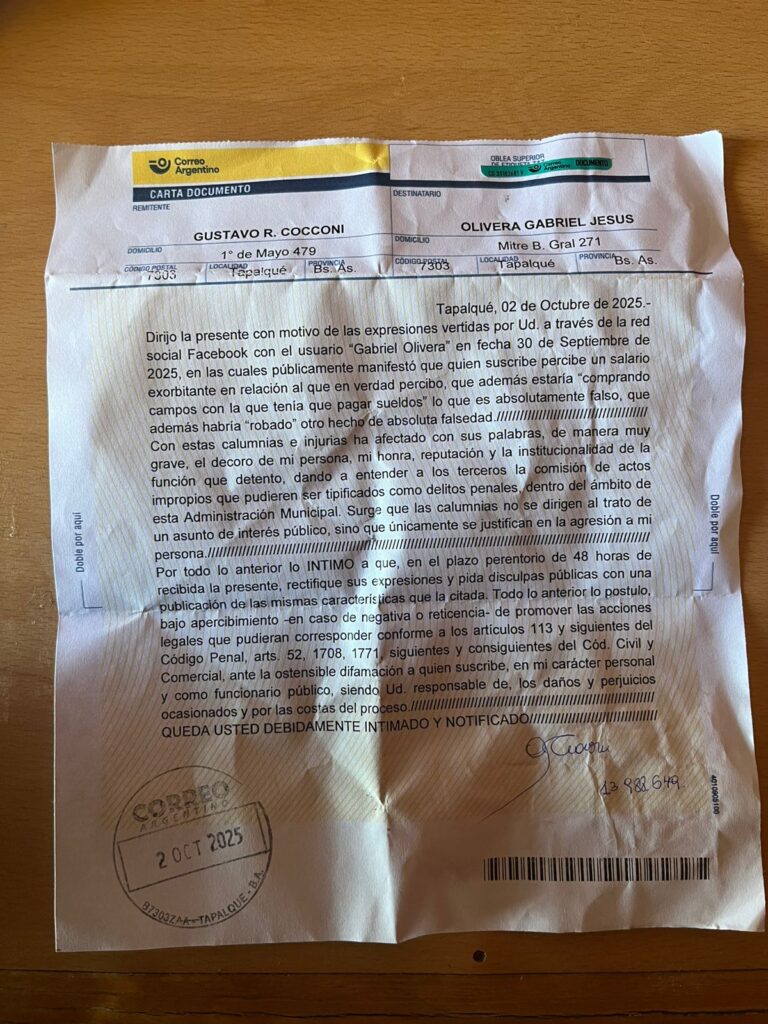 El intendente de Tapalqué, el peronista Gustavo Cocconi, le envió una carta documento al excandidato de Somos, Gabriel Olivera.