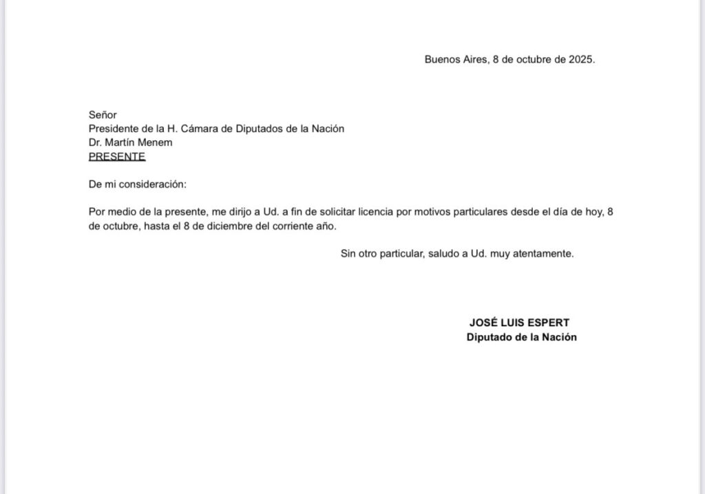 El pedido de licencia solicitado por Espert ante la presidencia de la Cámara de Diputados.