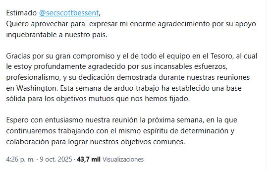 Swap con EEUU: el mensaje de Caputo agradeciéndole al secretario del Tesoro norteamericano, Scott Bessent.