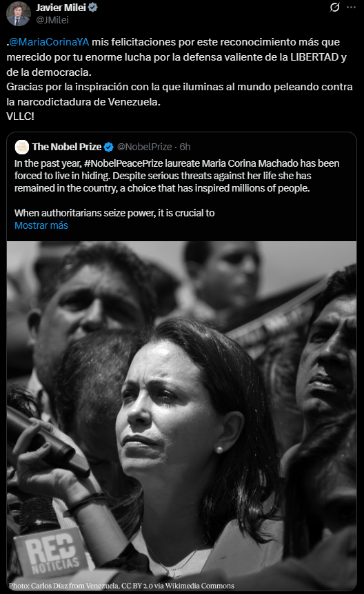 Legisladores bonaerenses celebraron el Premio Nobel de la Paz 2025 a la líder opositora venezolana María Corina Machado.