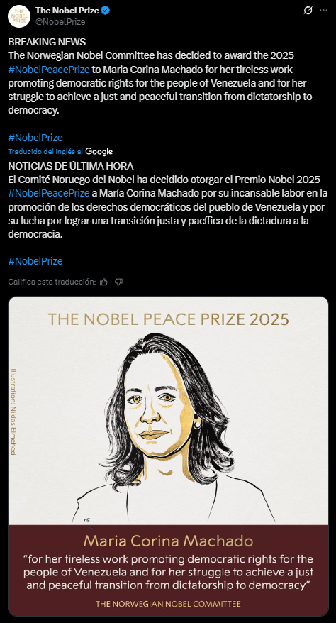 Legisladores bonaerenses celebraron el Premio Nobel de la Paz 2025 a la líder opositora venezolana María Corina Machado.