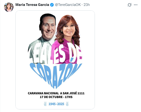 Teresa García también compartió la convocatoria a la caravana nacional hacia San José 1111 para el próximo 17 de octubre.