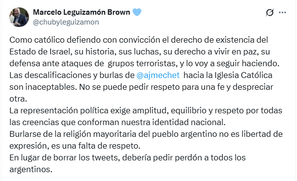 El senador bonaerense del PRO cruzó a la candidata libertaria de CABA, Sabrina Ajmechet, por sus descalificaciones a la Iglesia Católica.