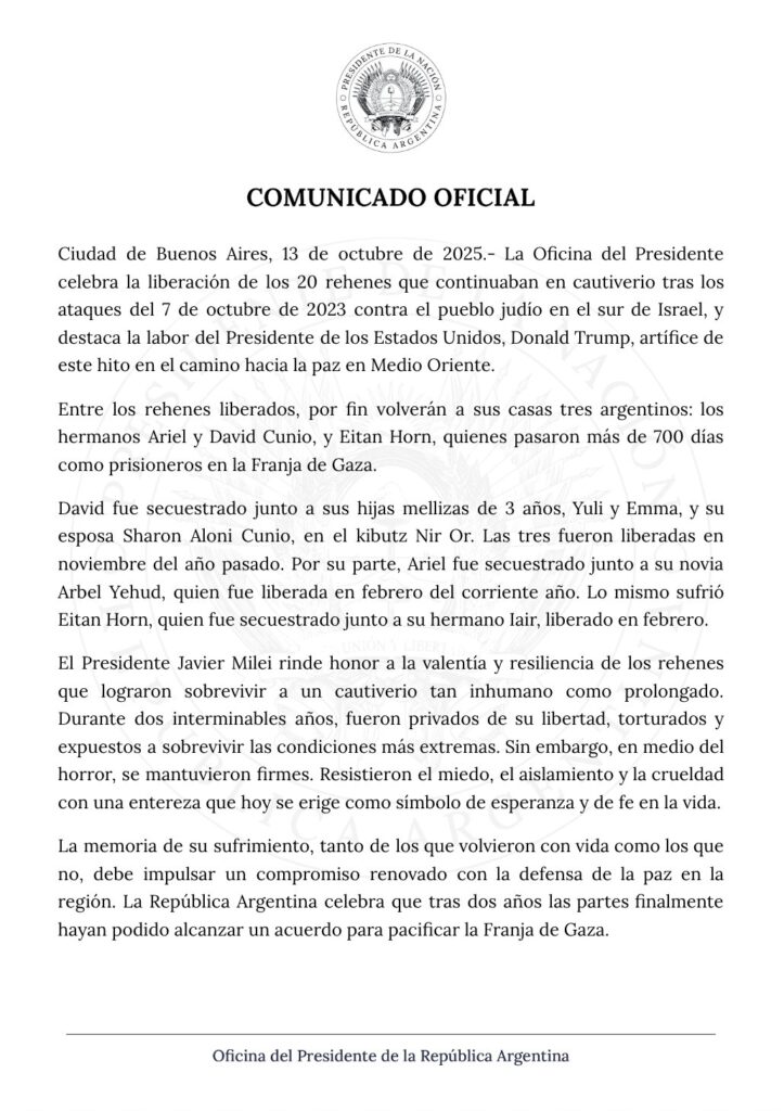 
El comunicado oficial de la Oficina del Presidente que celebró el fin del conflicto entre Israel y Gaza.
