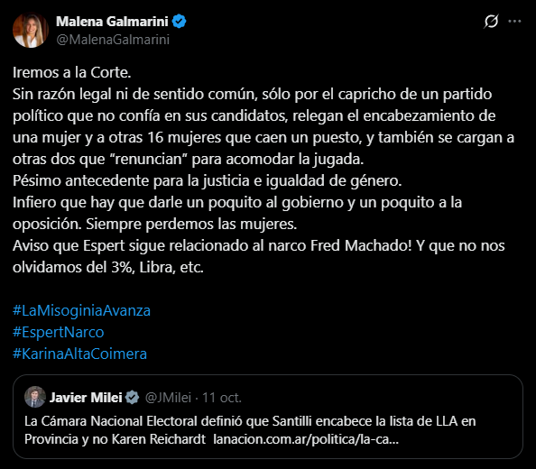 Malena Galmarini irá a la Corte Suprema de Justicia para impedir que Diego Santilli sea primer candidato.