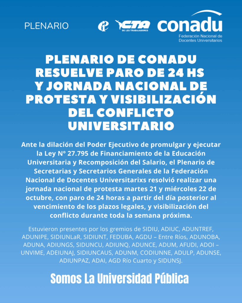La CONADU convocó una nueva jornada de protesta contra el Gobierno de Milei y la postergación de la aplicación de la ley de financiamiento universitario.
