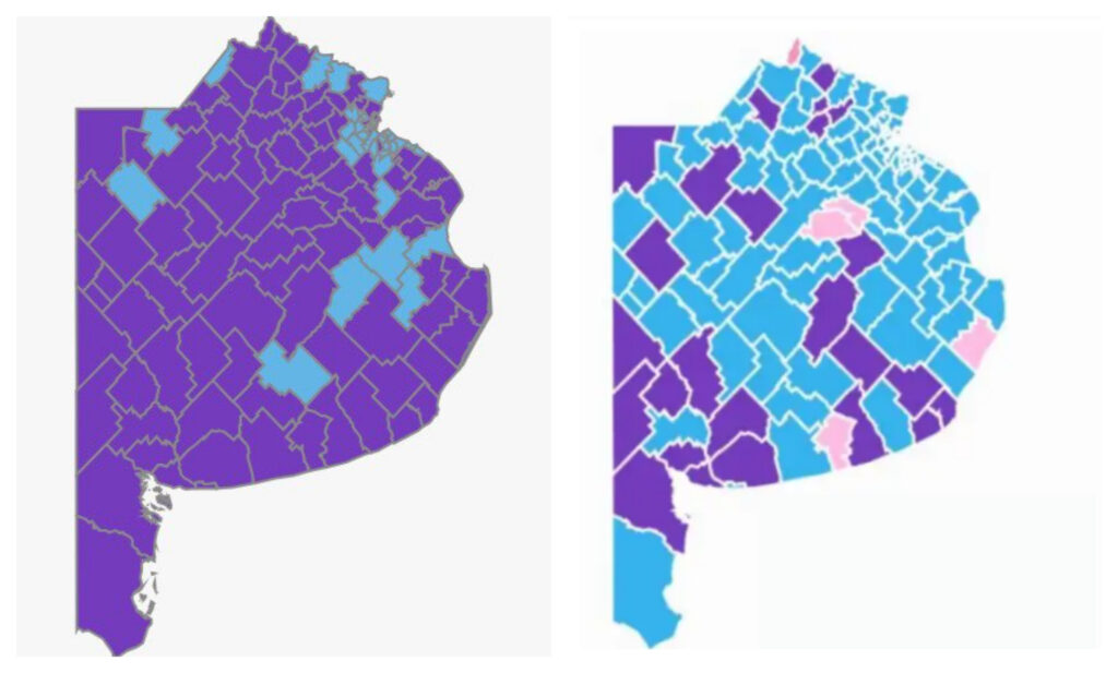 Así fueron los resultados de La Libertad Avanza y Fuerza en los 135 municipios bonaerenses el 26 de octubre y el 7 de septiembre.