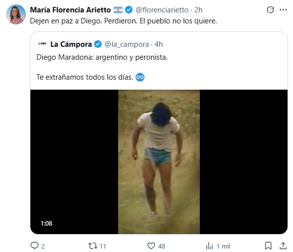 La senadora Florencia Arietto utilizó a Maradona para chicanear a La Cámpora.