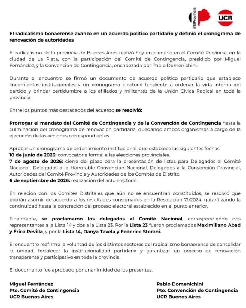 El comunicado oficial de la Unión Cívica Radical (UCR) bonaerense, tras la cumbre correligionaria de "emergencia" en La Plata.