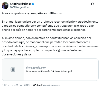 En una carta dirigida a la militancia peronista, la expresidenta, Cristina Kirchner, lanzó duras críticas a la estrategia bonaerense.