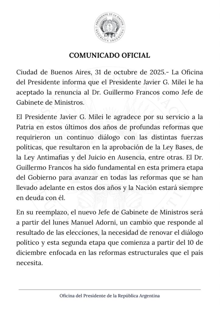 El presidente Milei le aceptó la renuncia a Francos en el cargo de jefe de Gabinete.