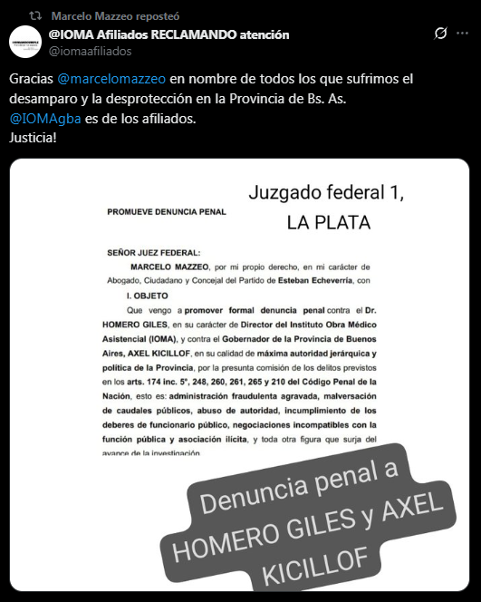 Afiliados del IOMA apoyaron la denuncia de Mazzeo contra Kicillof.