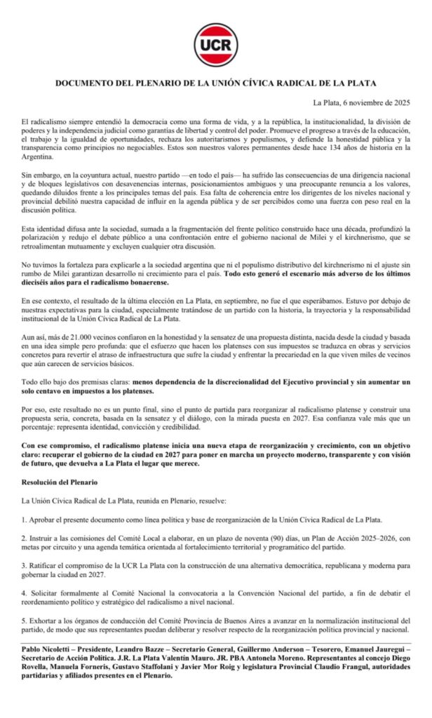 La UCR de La Plata emitió un comunicado tras la reunión convocada por Nicoletti para trabajar la presencia territorial y la incidencia política en la ciudad.
