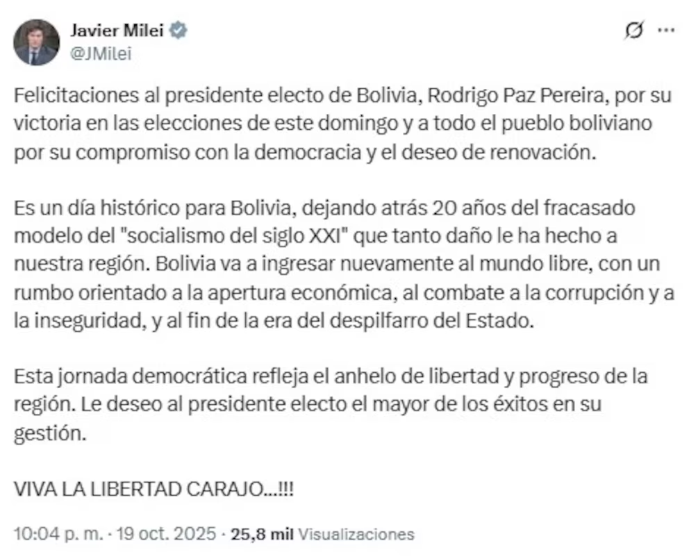 El presidente Javier Milei felicitó a su par de Bolivia a través de X. 