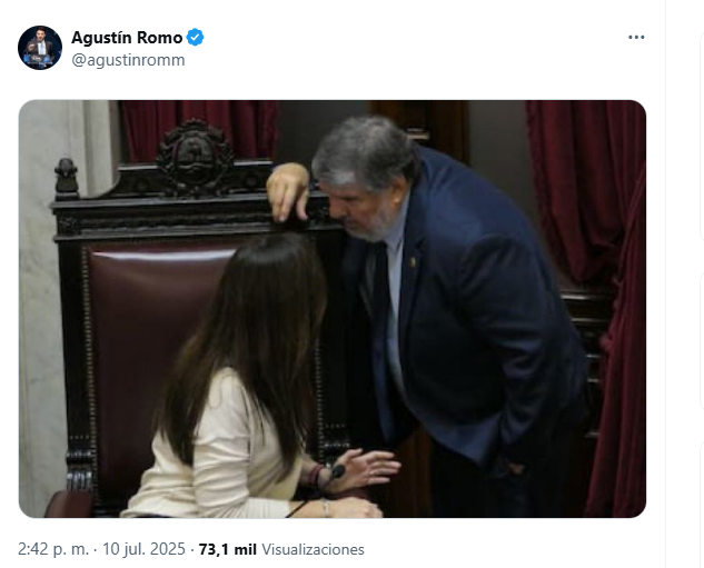 Al igual que Patricia Bullrich, el diputado Agustín Romo denunció complicidad de la vice Victoria Villarruel con el kirchnerismo.

