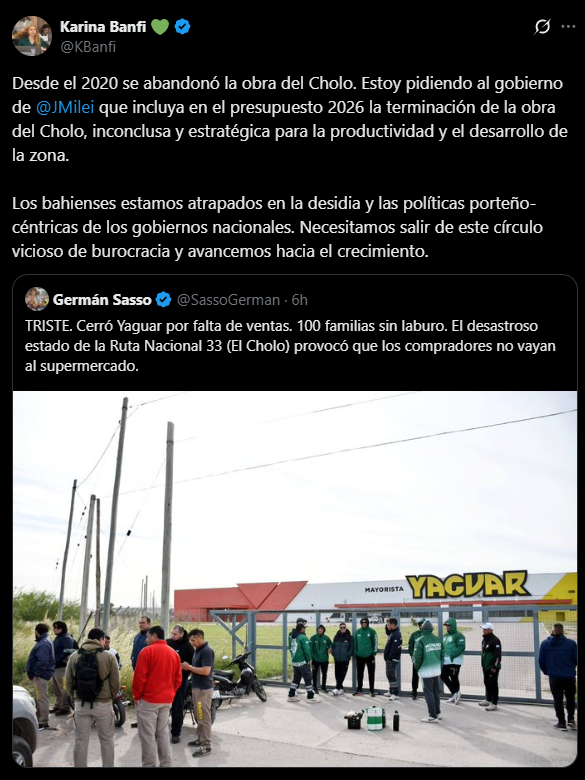 La diputada nacional Karina Banfi, exigió que el Presupuesto de Milei cuente con la obra de "El Cholo", de la Ruta Nacional 33.