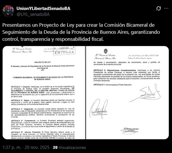 Libertarios dialoguistas presentaron en la Legislatura bonaerense un proyecto para crear una comisión que controle la toma de deuda.