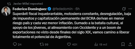 El presidente, Javier Milei, resaltó la elevada ocupación hotelera registrada en distintos destinos turísticos del país durante el fin de semana largo.