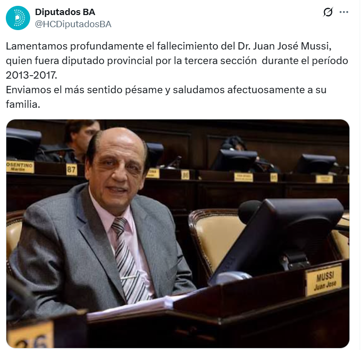 El recuerdo de la Cámara de Diputados bonaerense a Mussi. El dirigente ocupó su banca desde 2013 hasta 2017.