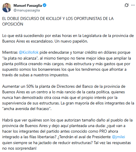 El texto de Manuel Passaglia contra Axel Kicillof, en plena puja por la sesión doble del Presupuesto 2026.