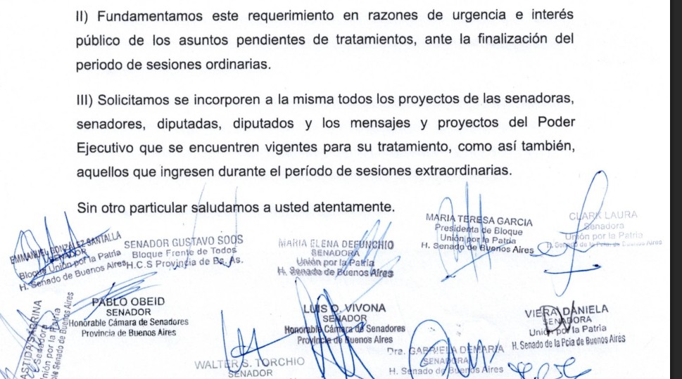 La solicitud de los legisladores de Unión por la Patria para que se convoque a sesiones extraordinarias.