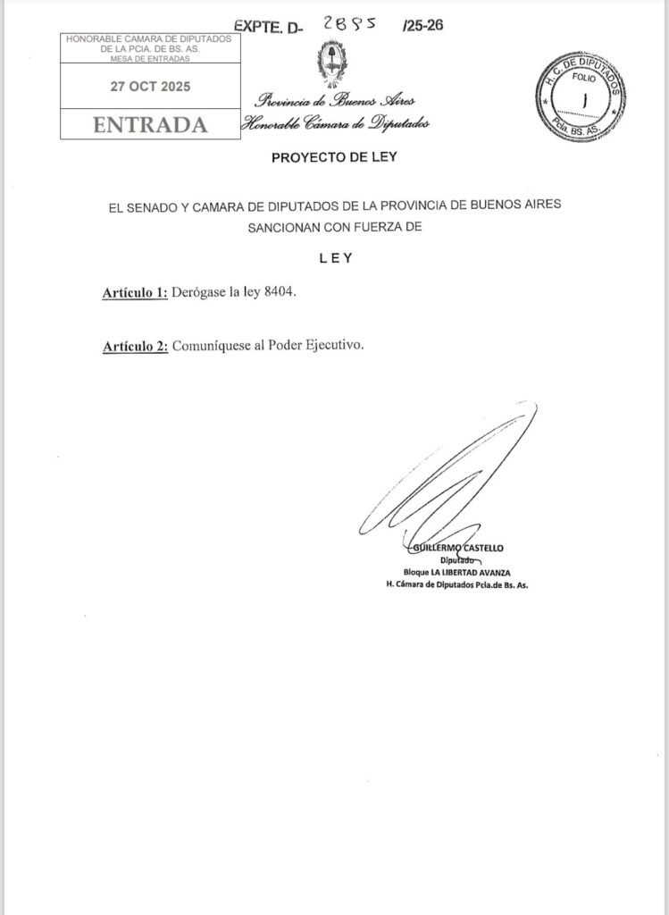 El proyecto ingresado por Guillermo Castello en la Cámara de Diputados.