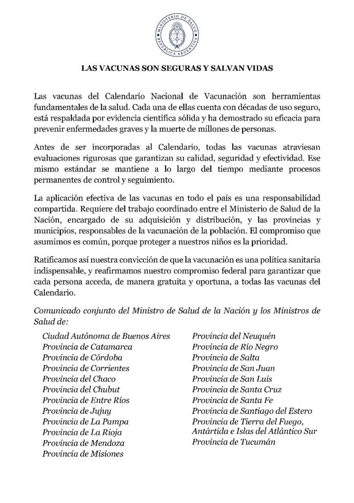 El comunicado sanitario del Gobierno nacional, que excluyó a la Provincia de Buenos Aires, tras el polémico evento antivacunas.