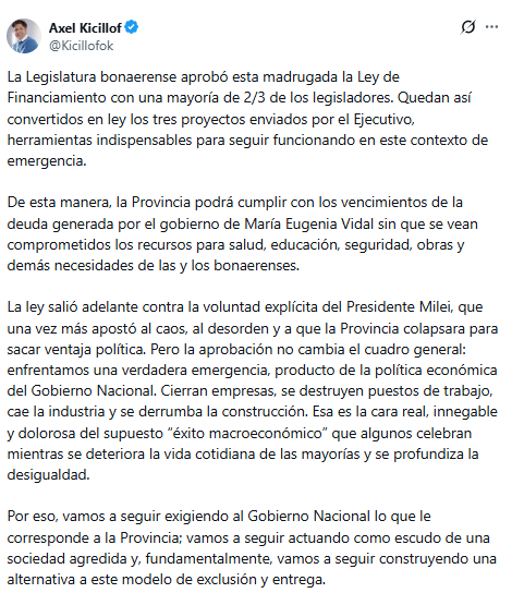 El mensaje de Axel Kicillof sobre la sanción definitiva de su endeudamiento.