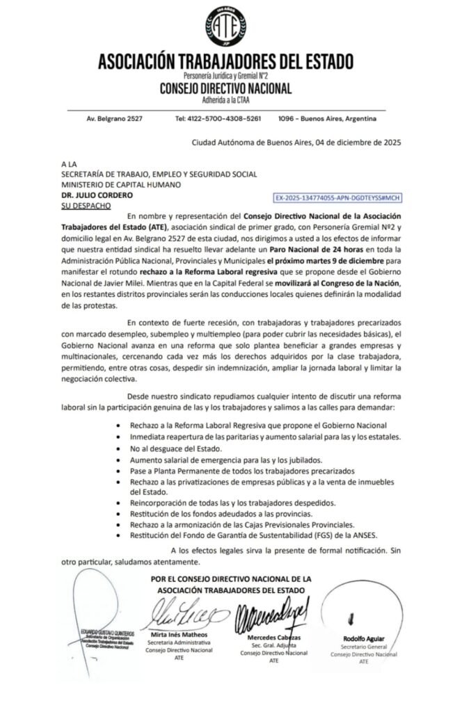 
ATE ratificó el paro nacional convocado para el próximo martes y prepara una mega movilización contra la reforma laboral.