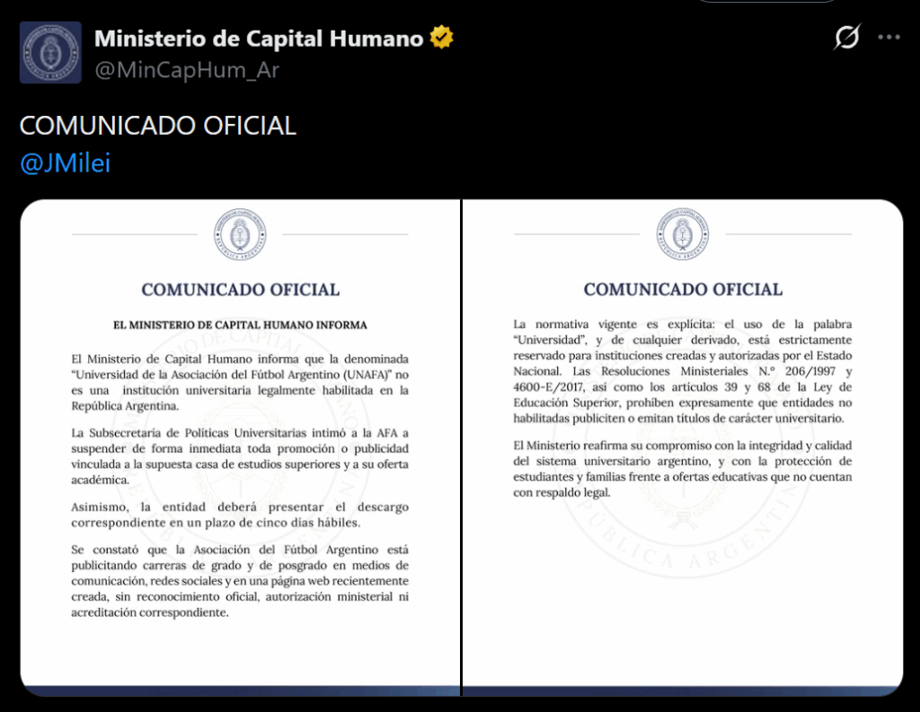 El comunicado del gobierno de Javier Milei contra la AFA del "Chiqui" Tapia.