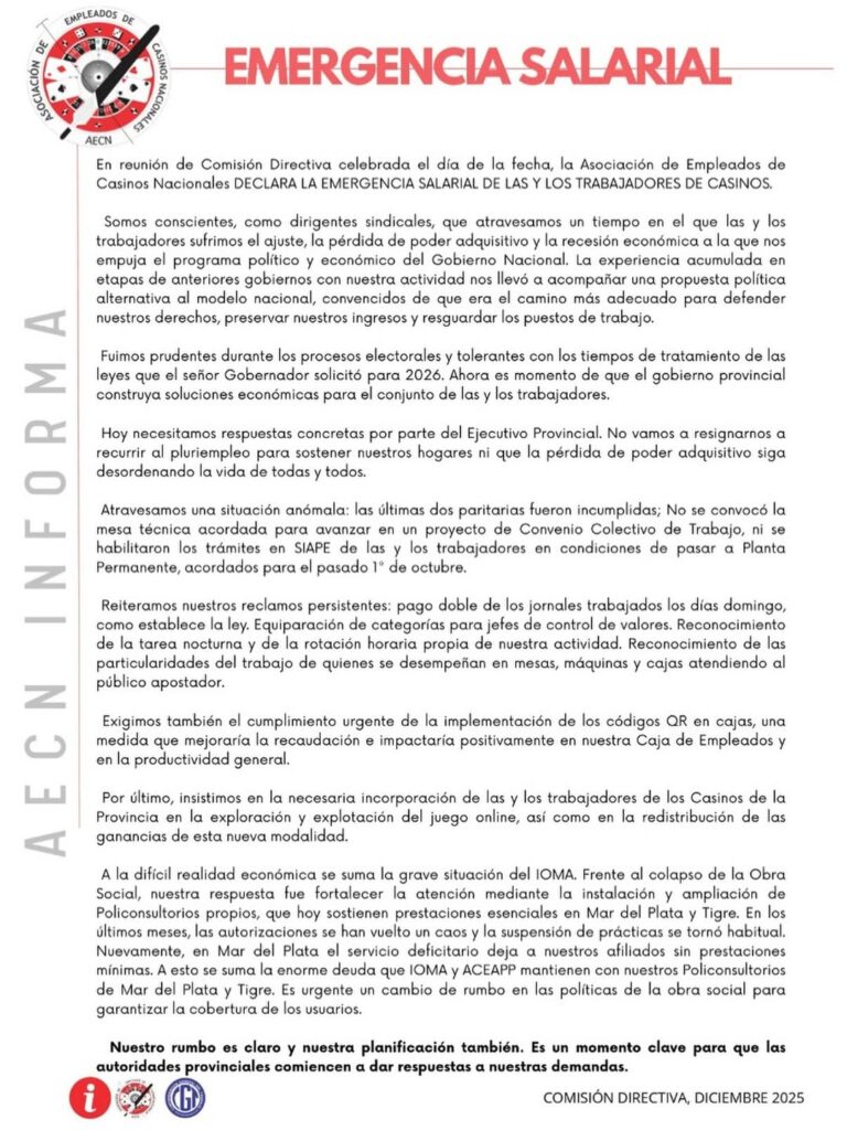 
El comunicado completo de la Asociación de Empleados de Casinos.