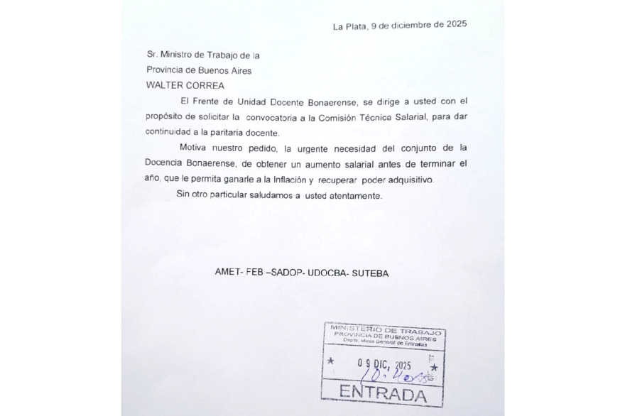 El escrito de los gremios de docentes bonaerenses para solicitar la reanudación de la mesa paritaria.