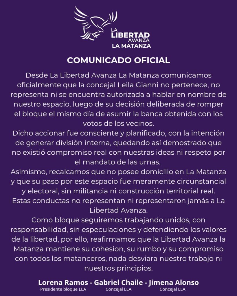 
El comunicado completo del bloque libertario de La Matanza tras la ruptura de Leila Gianni.