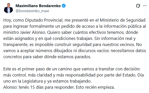 El mensaje del diputado Maximiliano Bondarenko sobre su pedido de informes.